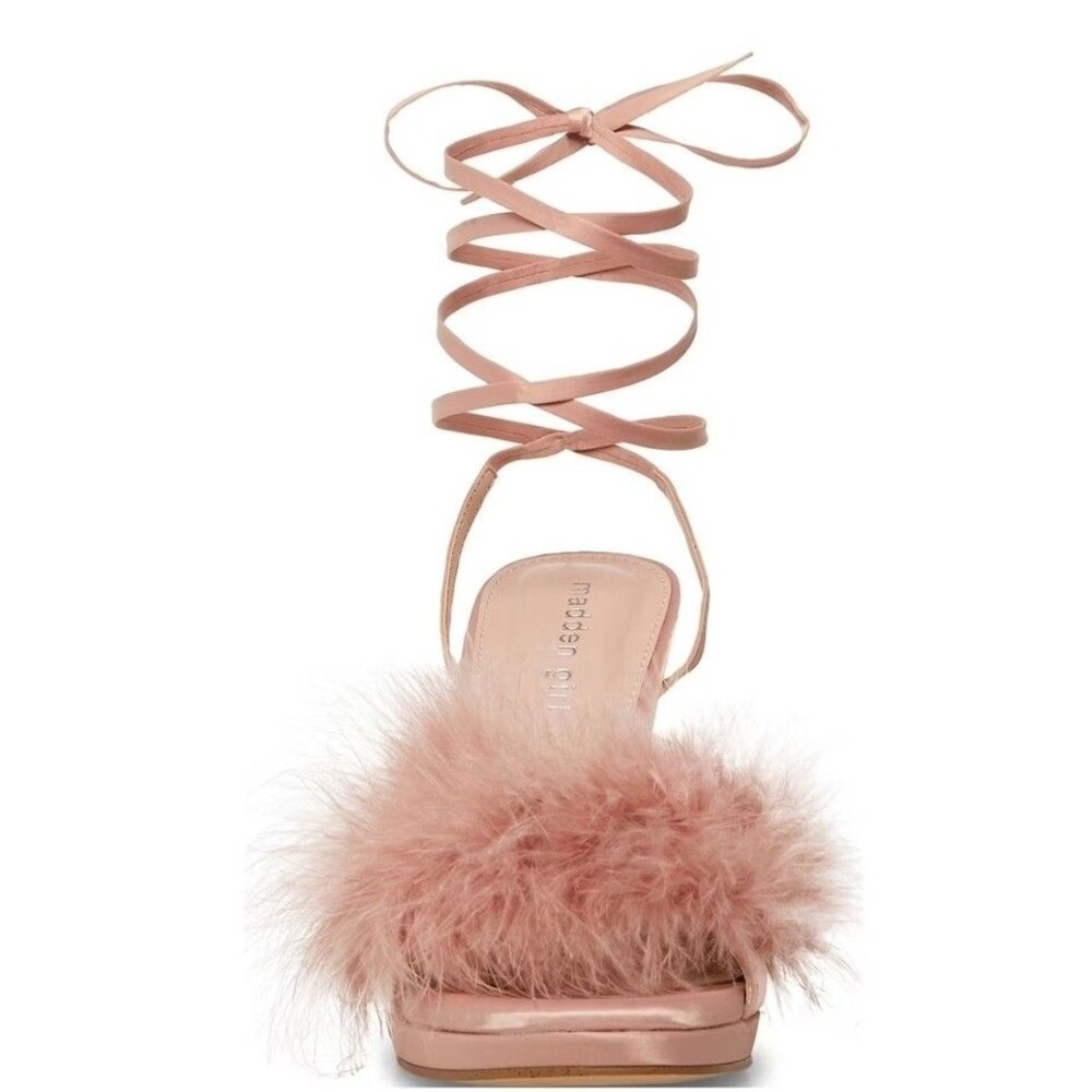 Madden Girl Women Sz 8.5 Shell Pink Excite Faux Feather High Heel Sandals